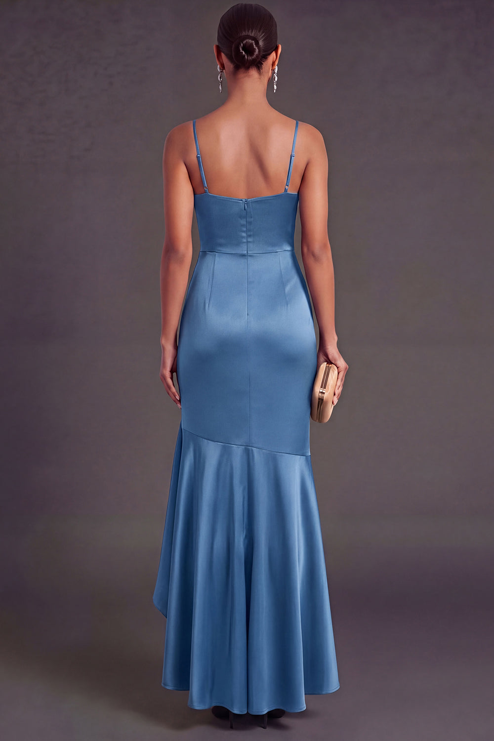 Ruffled Satin Black Mermaid Long Formal Dress with Slit