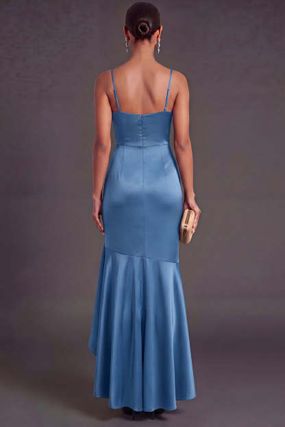 Ruffled Satin Black Mermaid Long Formal Dress with Slit