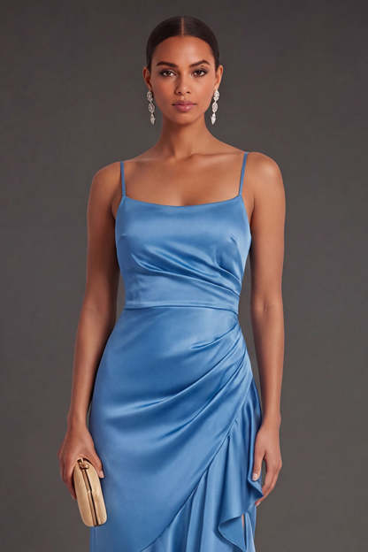 Ruffled Satin Black Mermaid Long Formal Dress with Slit