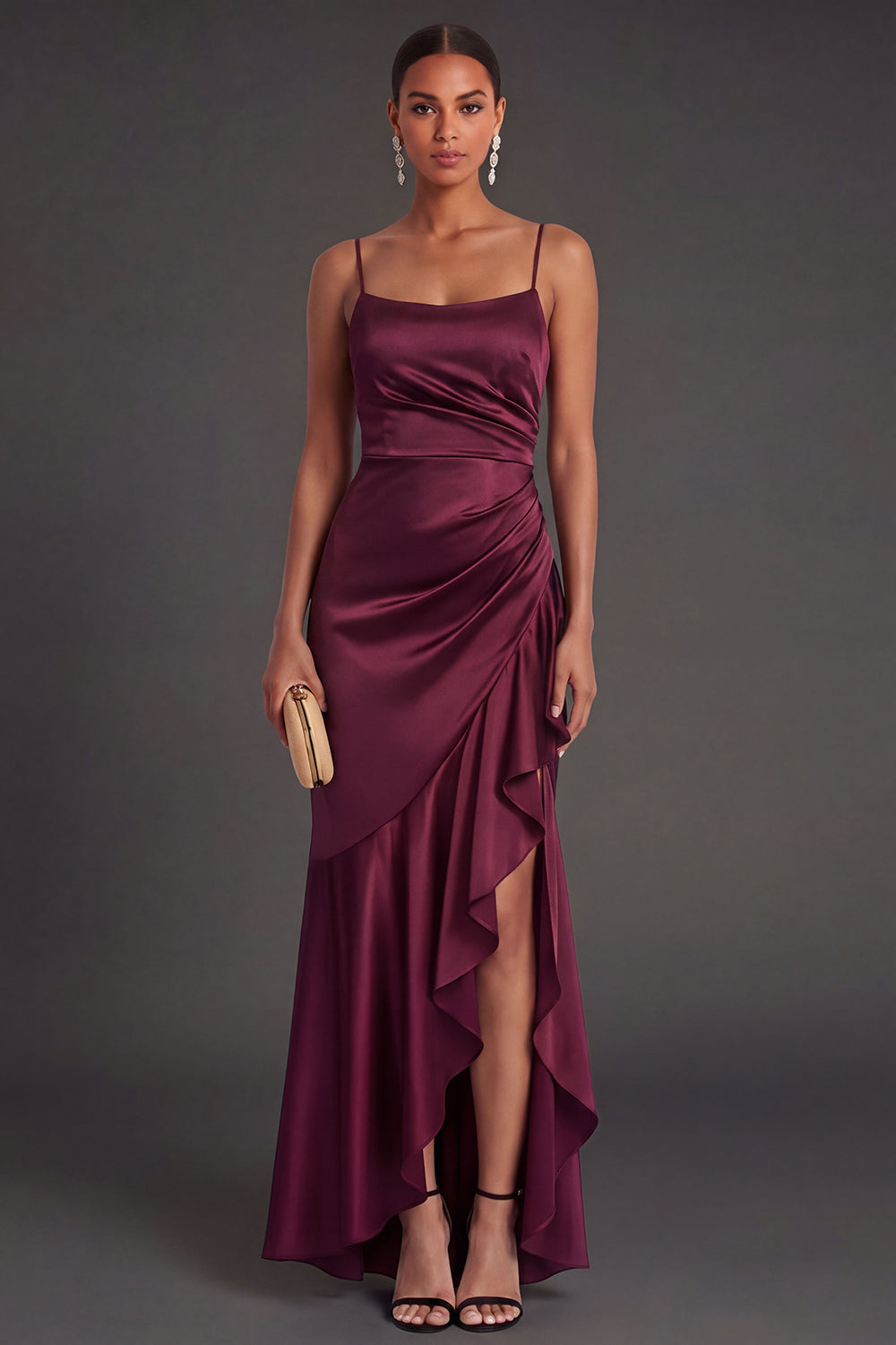 Ruffled Satin Black Mermaid Long Formal Dress with Slit