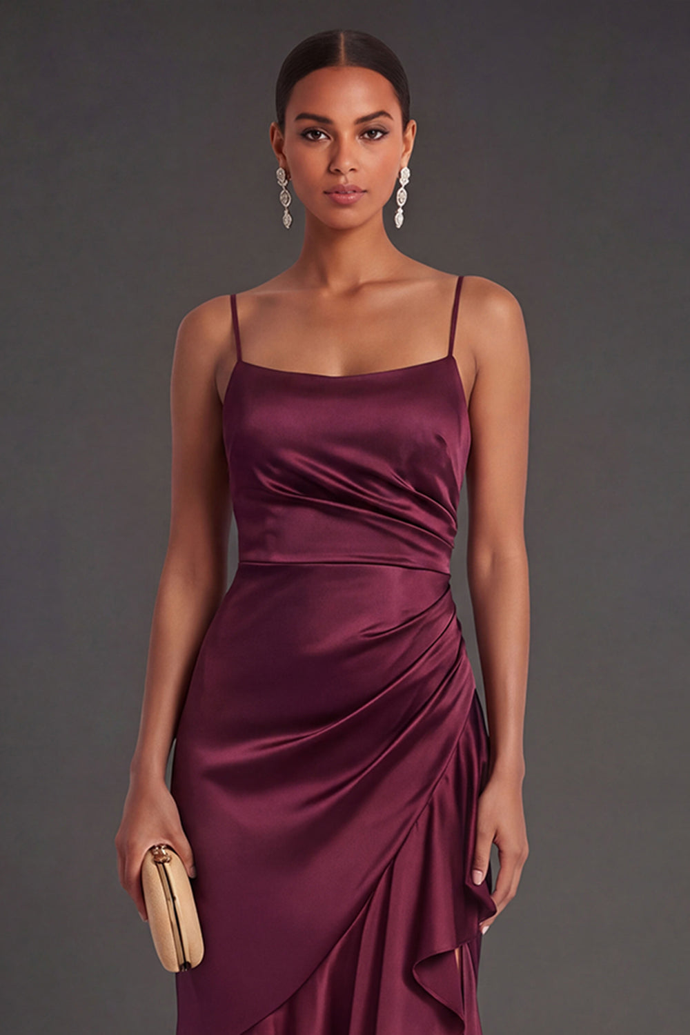 Ruffled Satin Black Mermaid Long Formal Dress with Slit