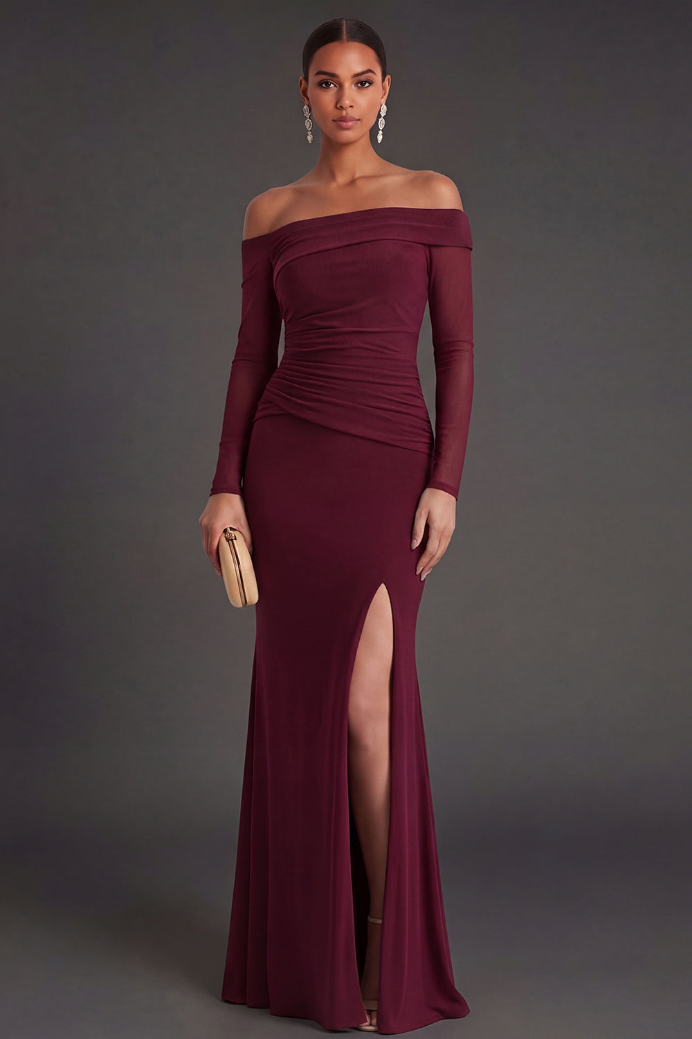 Leely Women Ruched Burgundy Mermaid Long Formal Dress with Slit Off the Shoulder Long Sleeves Wedding Guest Dress