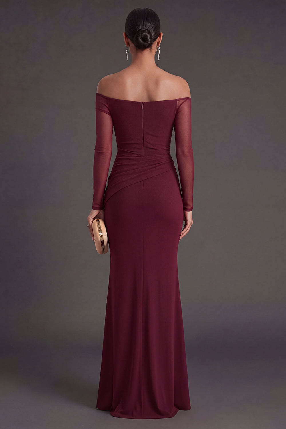 Ruched Burgundy Mermaid Long Formal Dress with Slit