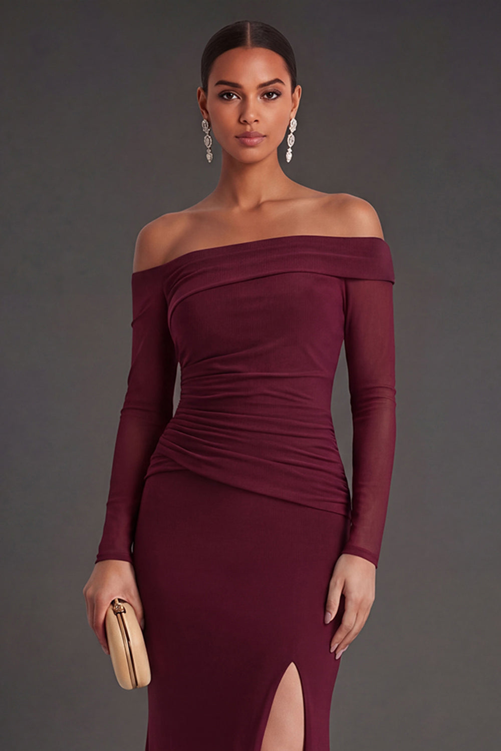 Ruched Burgundy Mermaid Long Formal Dress with Slit