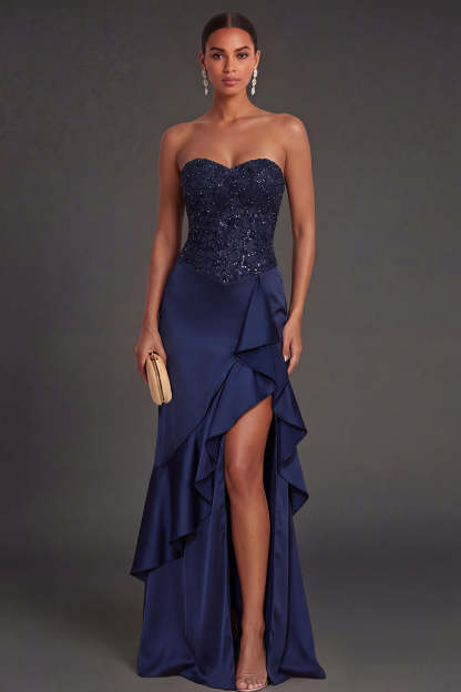 Leely Women Sparkly Navy Mermaid Ruffled Long Formal Dress with Slit Sweetheart Backless Sleeveless Wedding Guest Dress