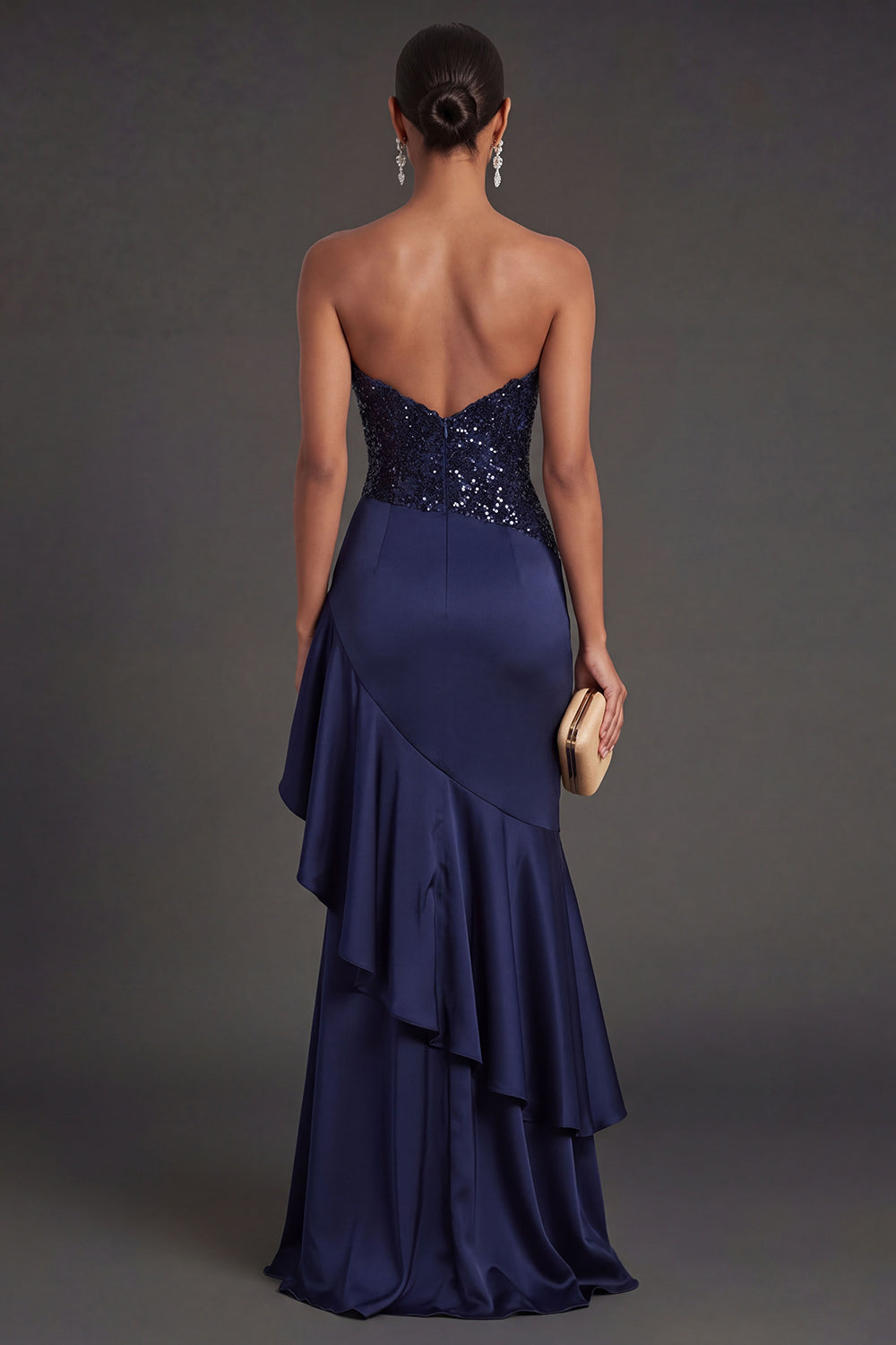 Sparkly Navy Mermaid Ruffled Long Formal Dress with Slit