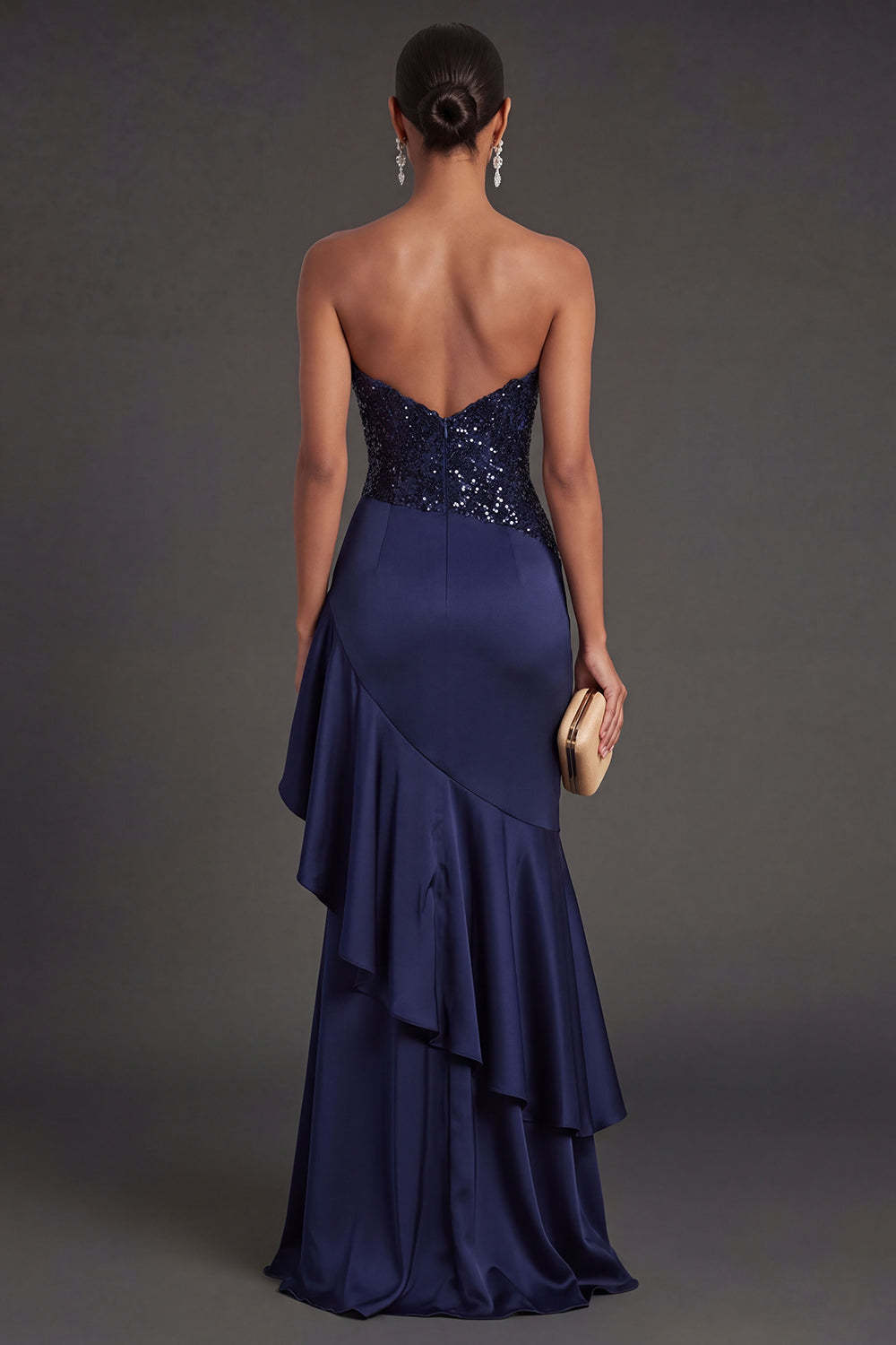 Sparkly Navy Mermaid Ruffled Long Formal Dress with Slit