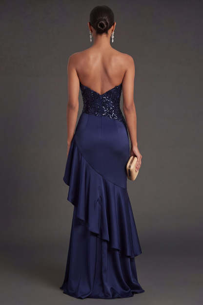 Sparkly Navy Mermaid Ruffled Long Formal Dress with Slit