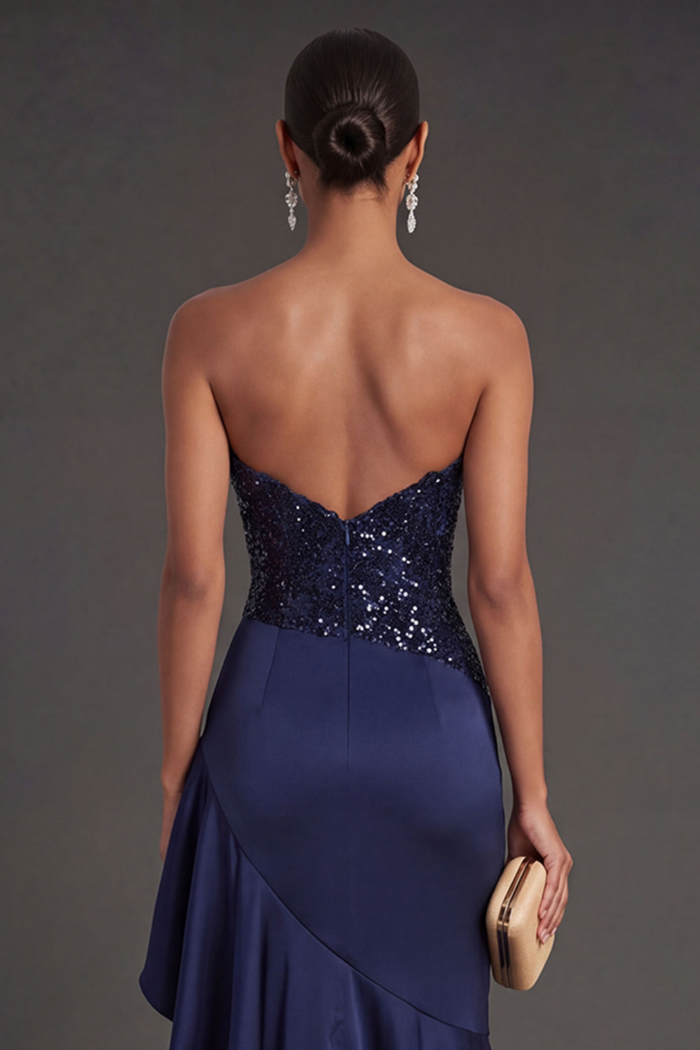 Sparkly Navy Mermaid Ruffled Long Formal Dress with Slit