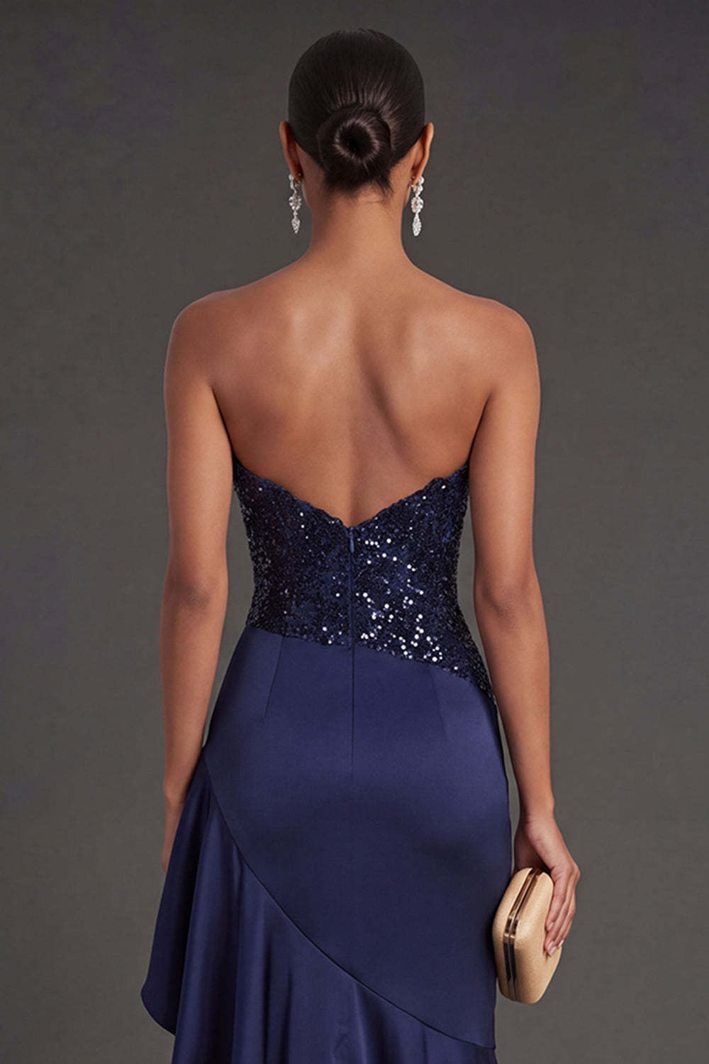 Sparkly Navy Mermaid Ruffled Long Formal Dress with Slit
