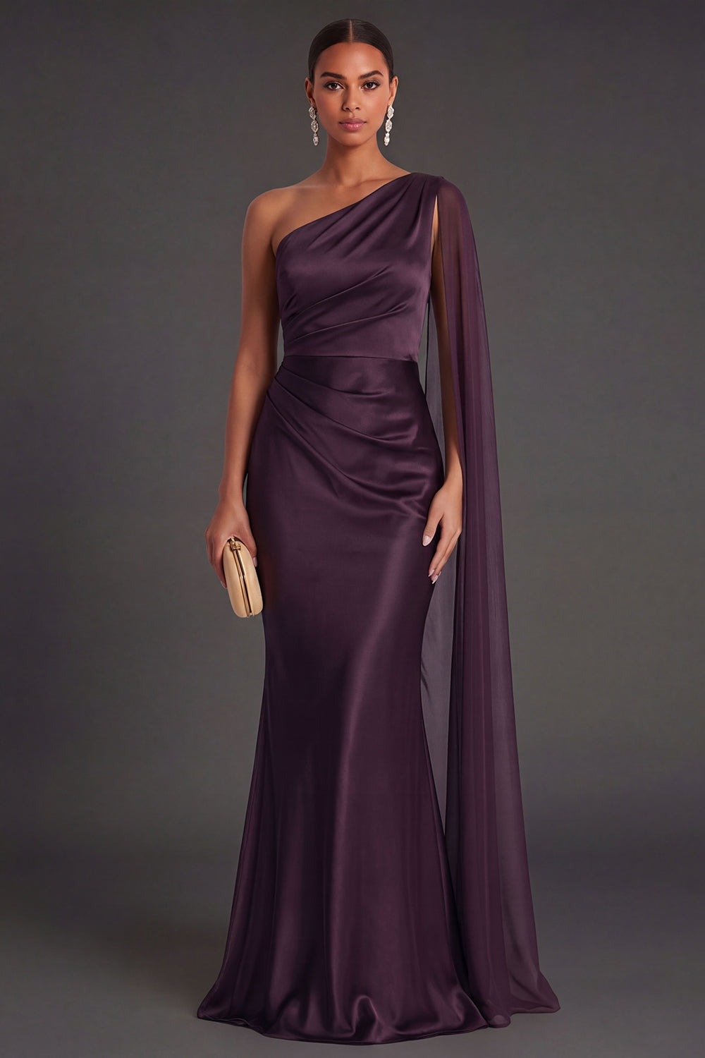 Cabernet Ruched Satin Mermaid Long Formal Dress