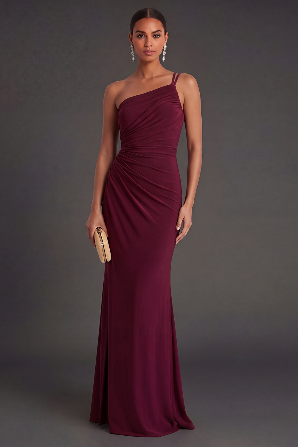 Leely Women Burgundy Ruched One Shoulder Long Formal Dress Backless Sleeveless Wedding Guest Dress