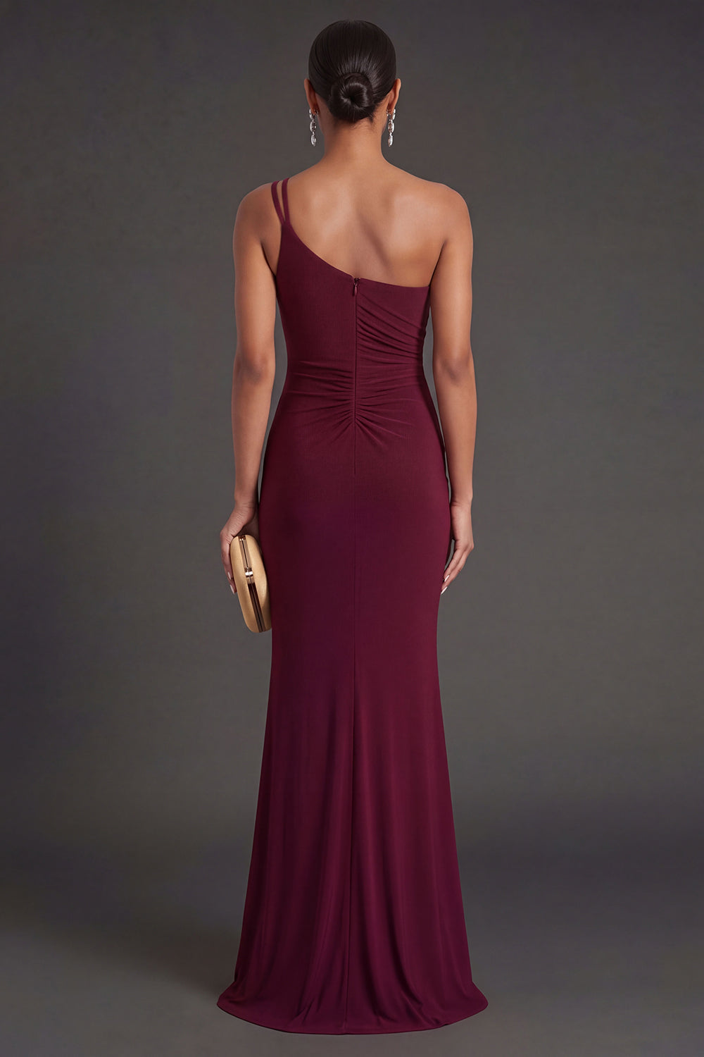 Sleeveless Burgundy Ruched One Shoulder Long Formal Dress