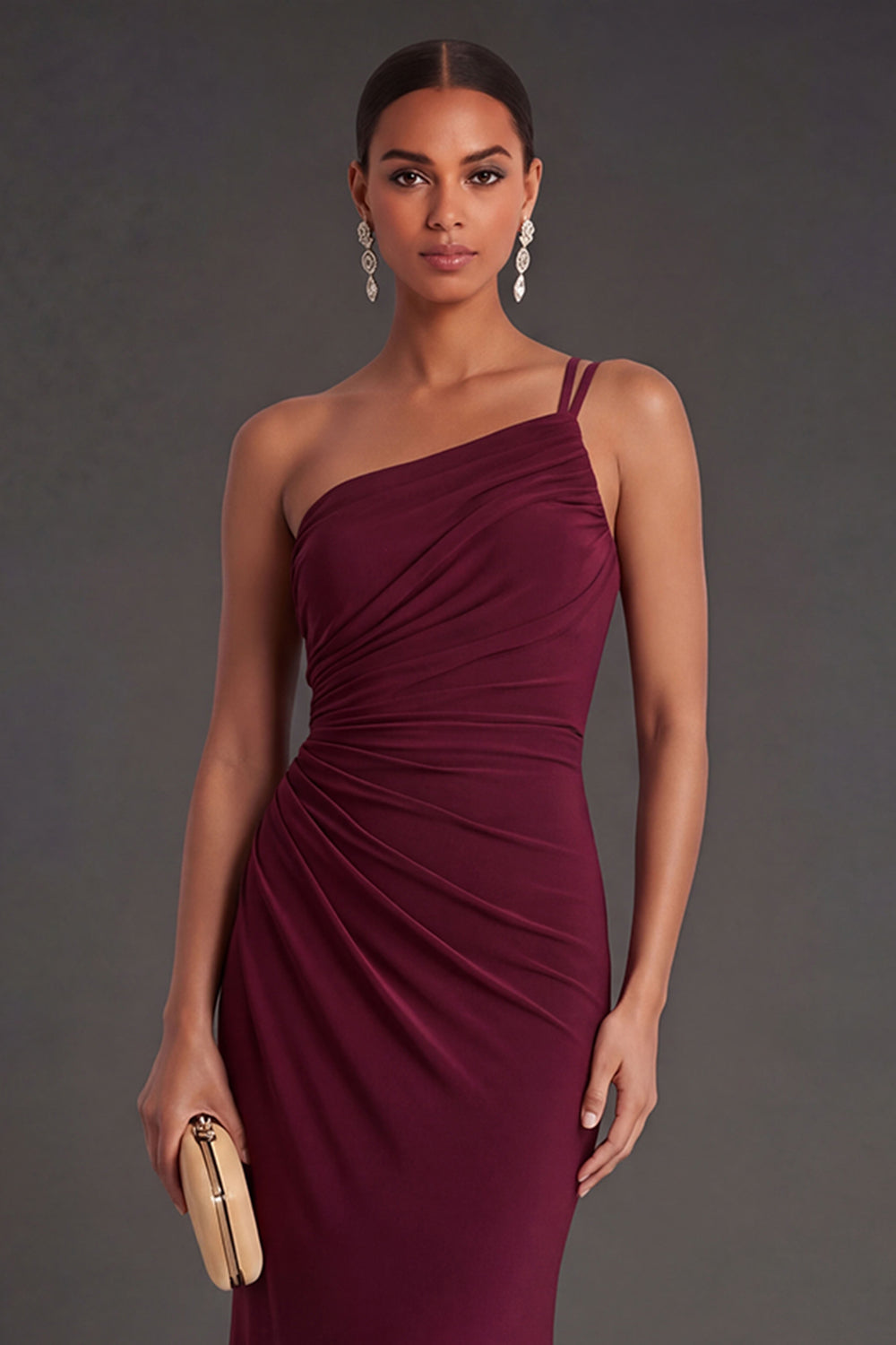 Sleeveless Burgundy Ruched One Shoulder Long Formal Dress