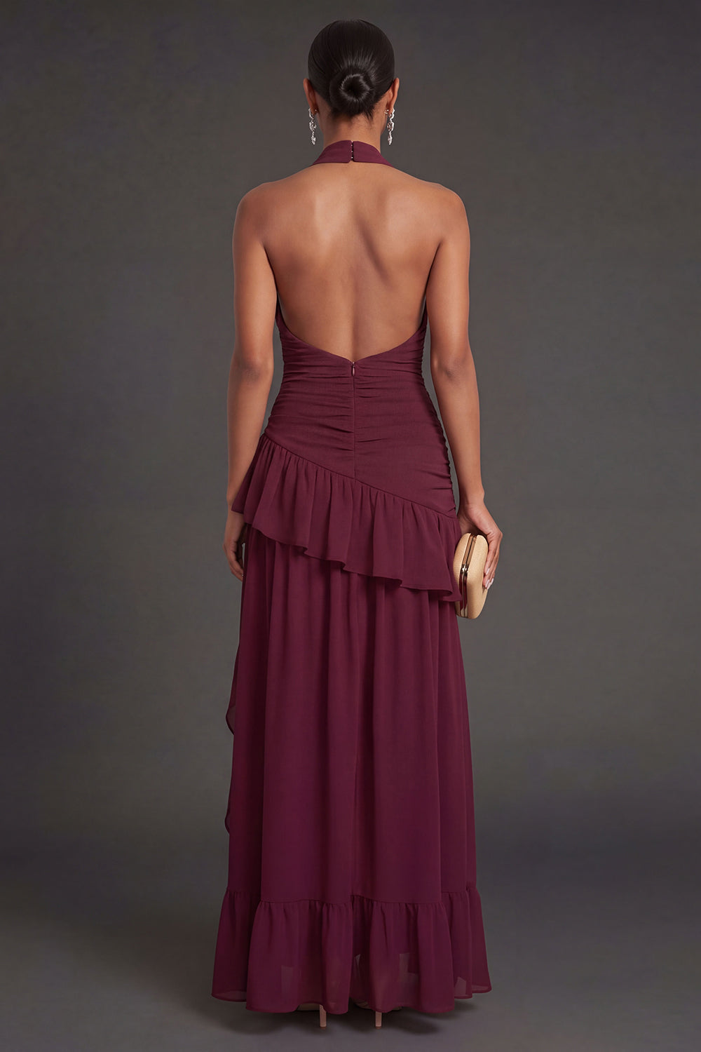 Ruffled Halter Neck Burgundy Long Formal Dress with Slit