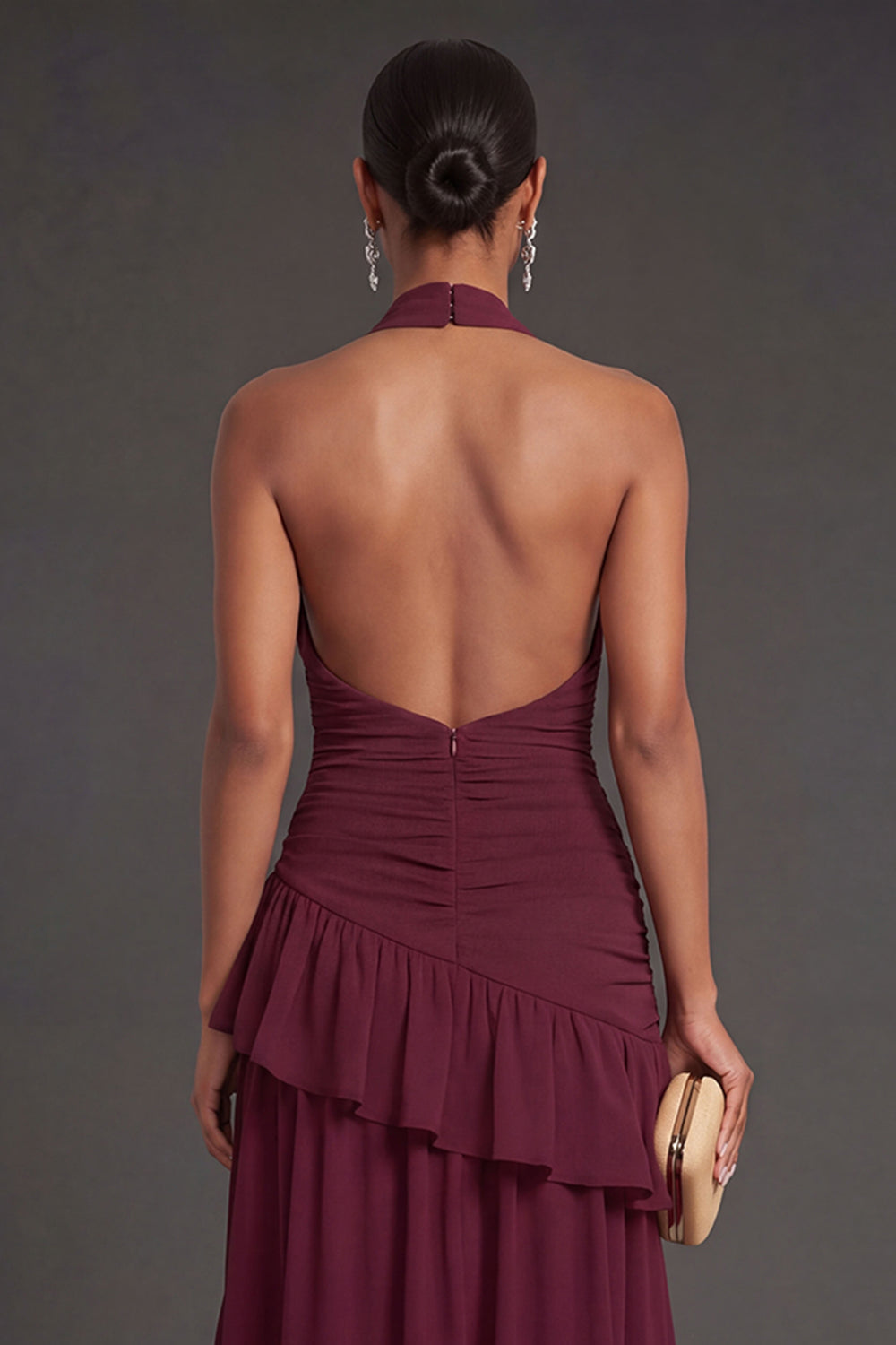 Ruffled Halter Neck Burgundy Long Formal Dress with Slit