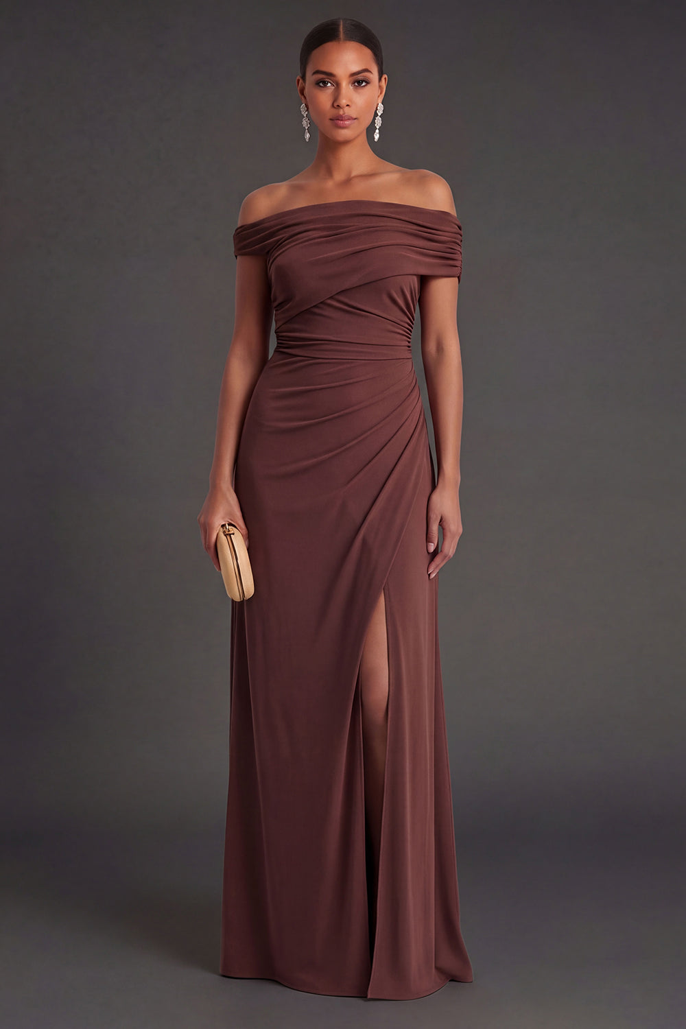 Leely Women Ruched Mermaid Brown Long Formal Dress with Slit Off the Shoulder Backless Wedding Guest Dress