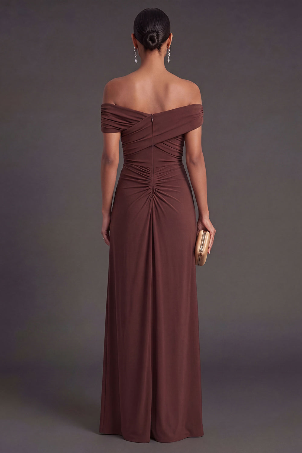 Ruched Mermaid Brown Backless Long Formal Dress with Slit
