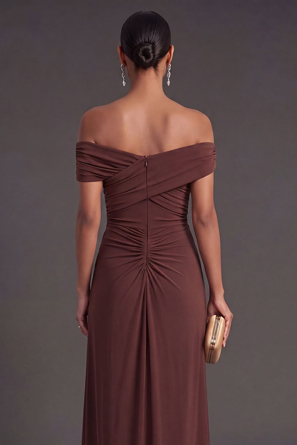Ruched Mermaid Brown Backless Long Formal Dress with Slit