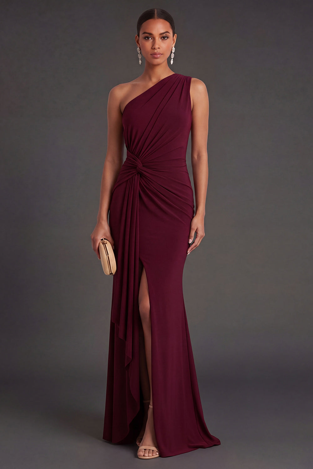 Leely Women One Shoulder Mermaid Burgundy Long Formal Dress with Slit Backless Sleeveless Wedding Guest Dress