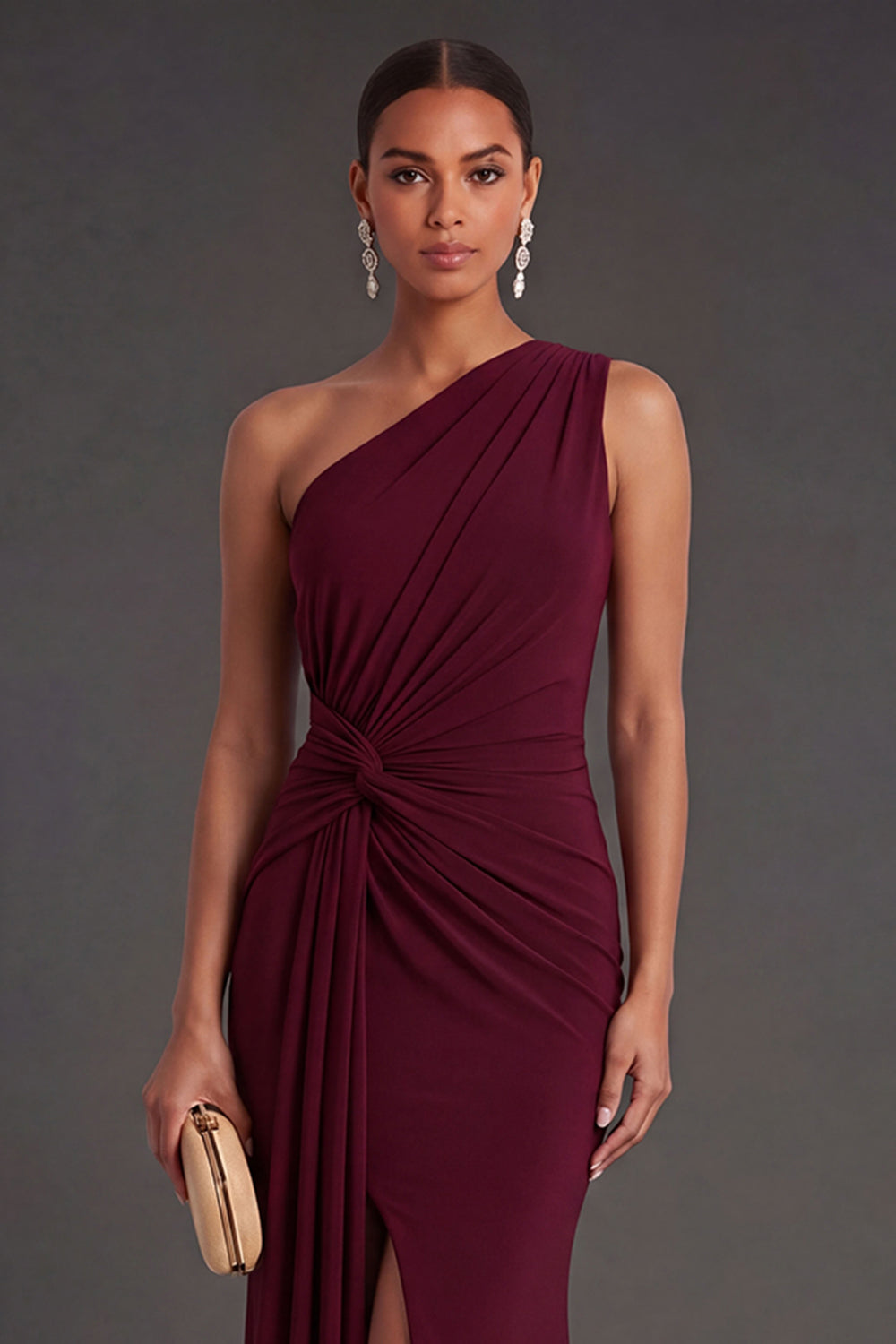 One Shoulder Mermaid Burgundy Long Formal Dress with Slit