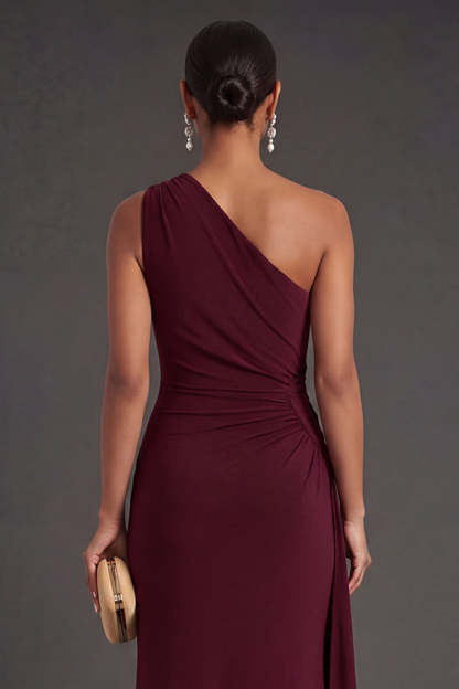 One Shoulder Mermaid Burgundy Long Formal Dress with Slit