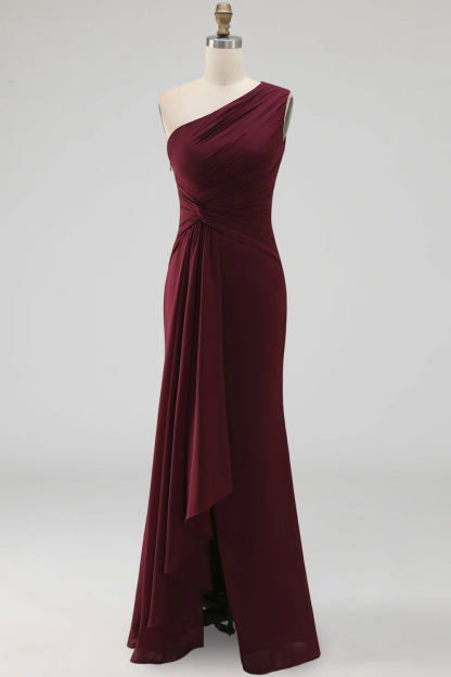 One Shoulder Mermaid Burgundy Long Formal Dress with Slit