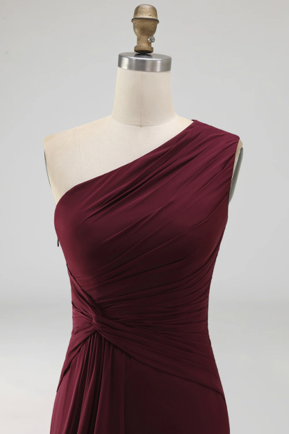One Shoulder Mermaid Burgundy Long Formal Dress with Slit
