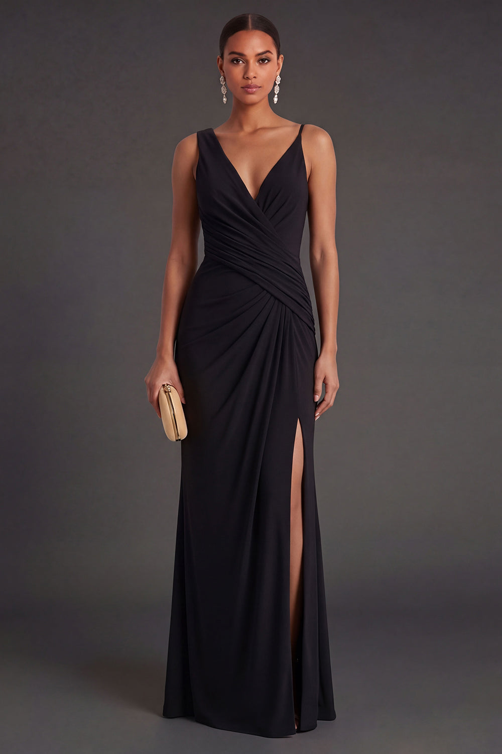 Leely Women Black Sheath Ruched Long Formal Dress with Slit V Neck Sleeveless Backless Wedding Guest Dress
