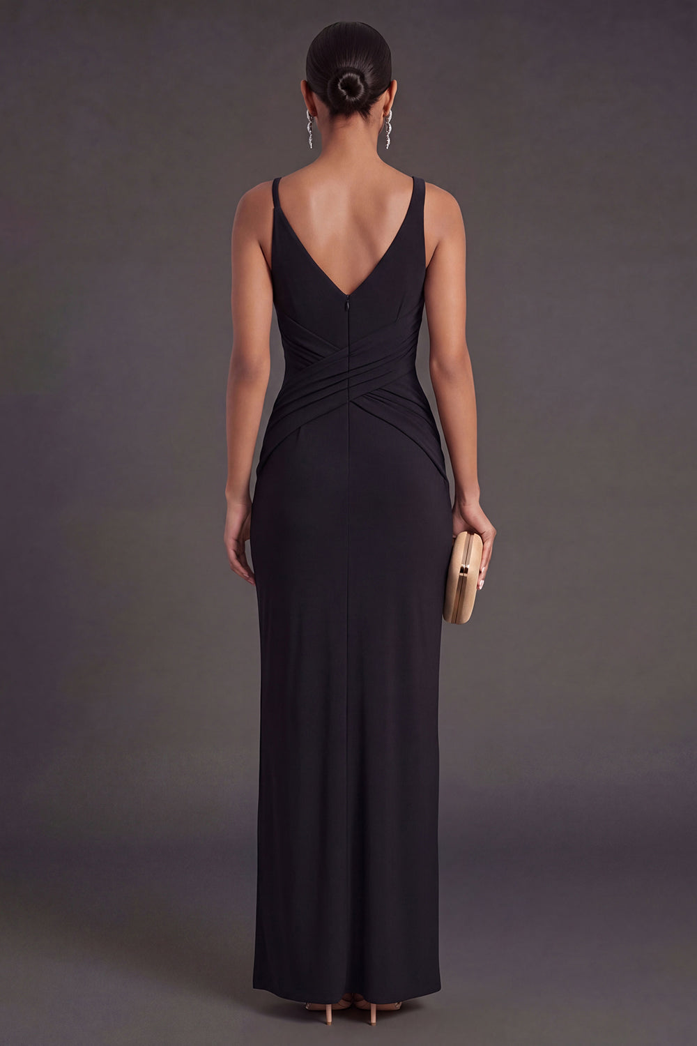Black Sheath Ruched Long Formal Dress with Slit