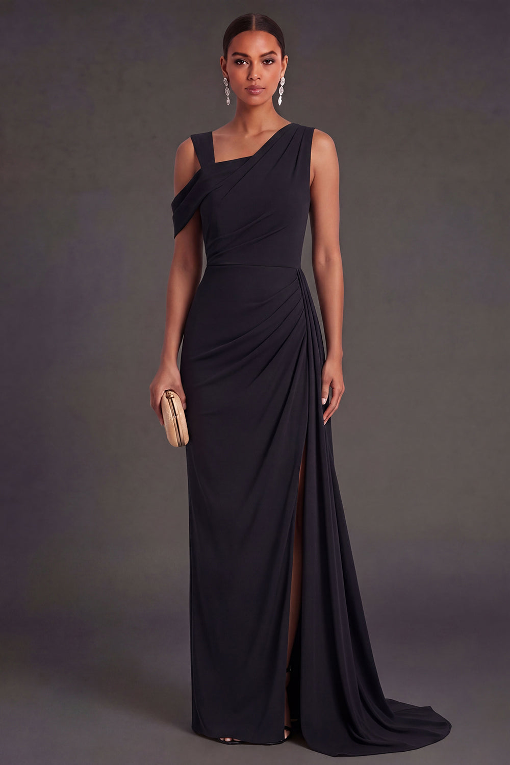 Leely Women Black Mermaid Ruched Long Formal Dress with Slit One Shoulder Backless Evening Dress