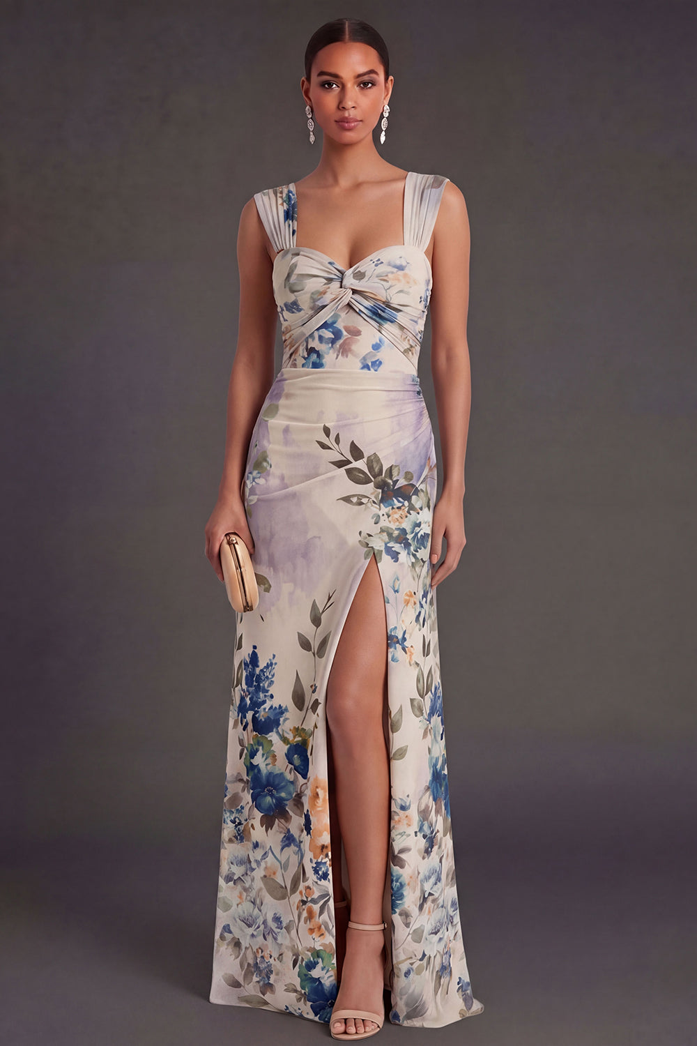Leely Women Ivory Floral Thick Straps Mermaid Long Formal Dress with Slit Backless Sleeveless Wedding Guest Dress