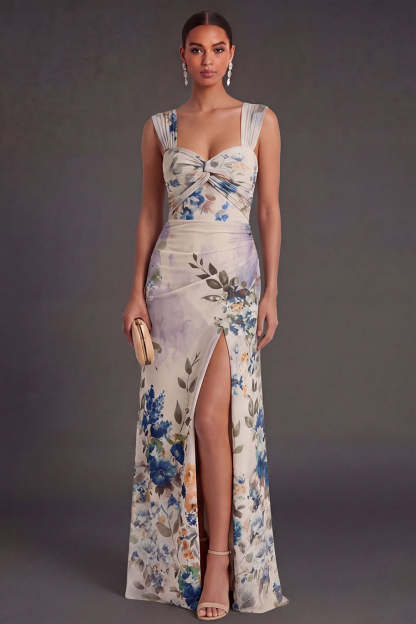 Leely Women Ivory Floral Thick Straps Mermaid Long Formal Dress with Slit Backless Sleeveless Wedding Guest Dress