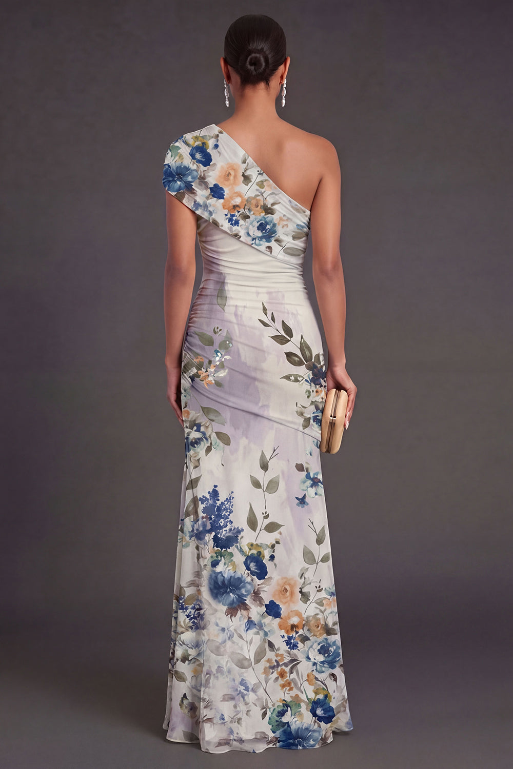 Champagne Floral Mermaid Long Formal Dress with Slit