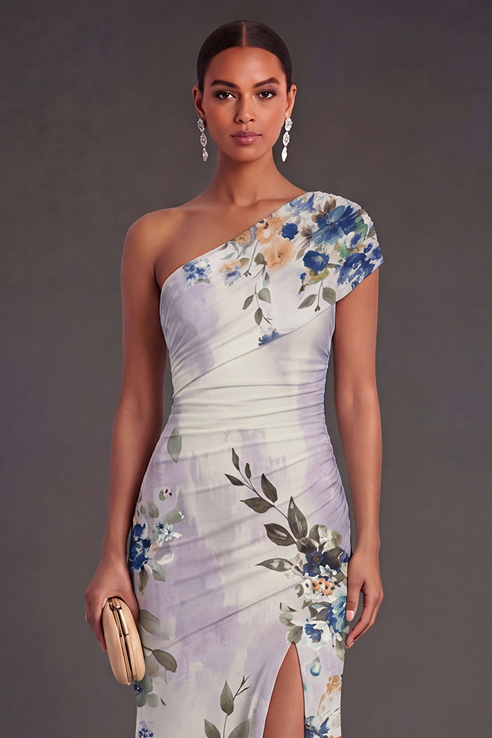 Champagne Floral Mermaid Long Formal Dress with Slit
