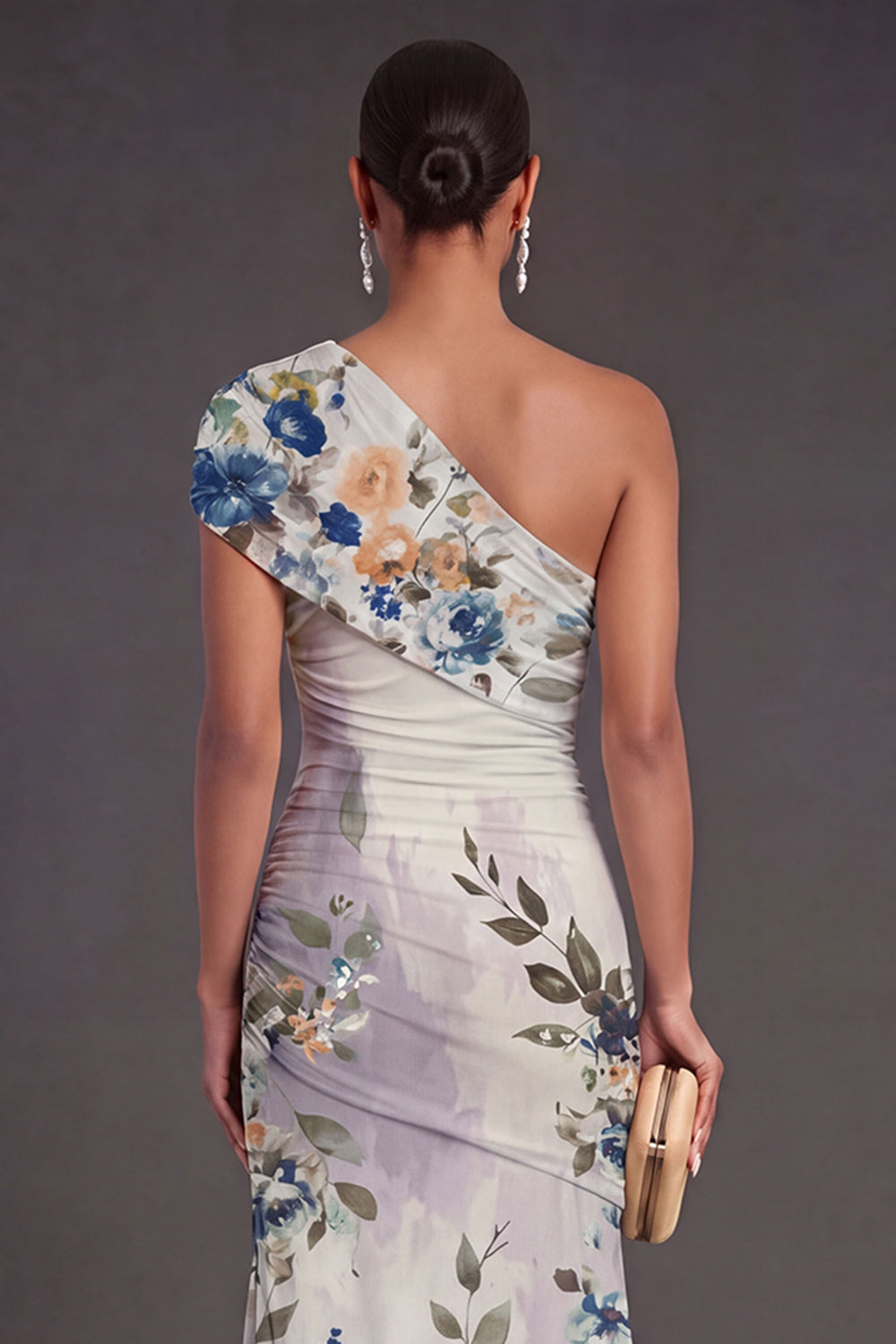 Champagne Floral Mermaid Long Formal Dress with Slit