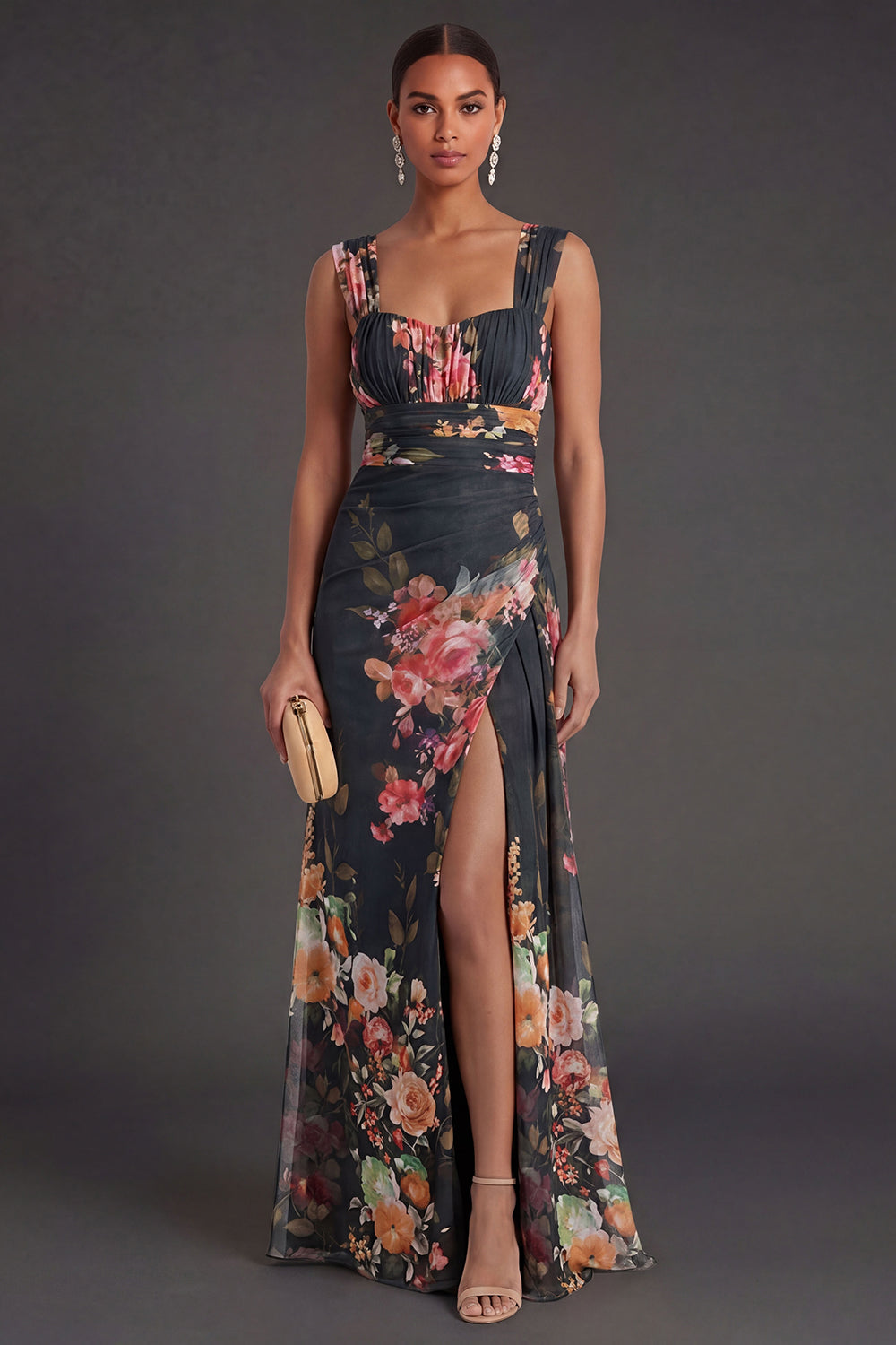 Black Floral Backless Thick Straps Long Formal Dress with Slit