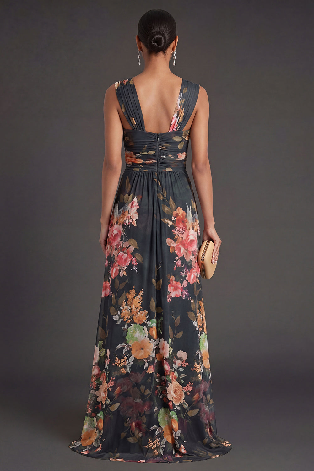 Black Floral Backless Thick Straps Long Formal Dress with Slit
