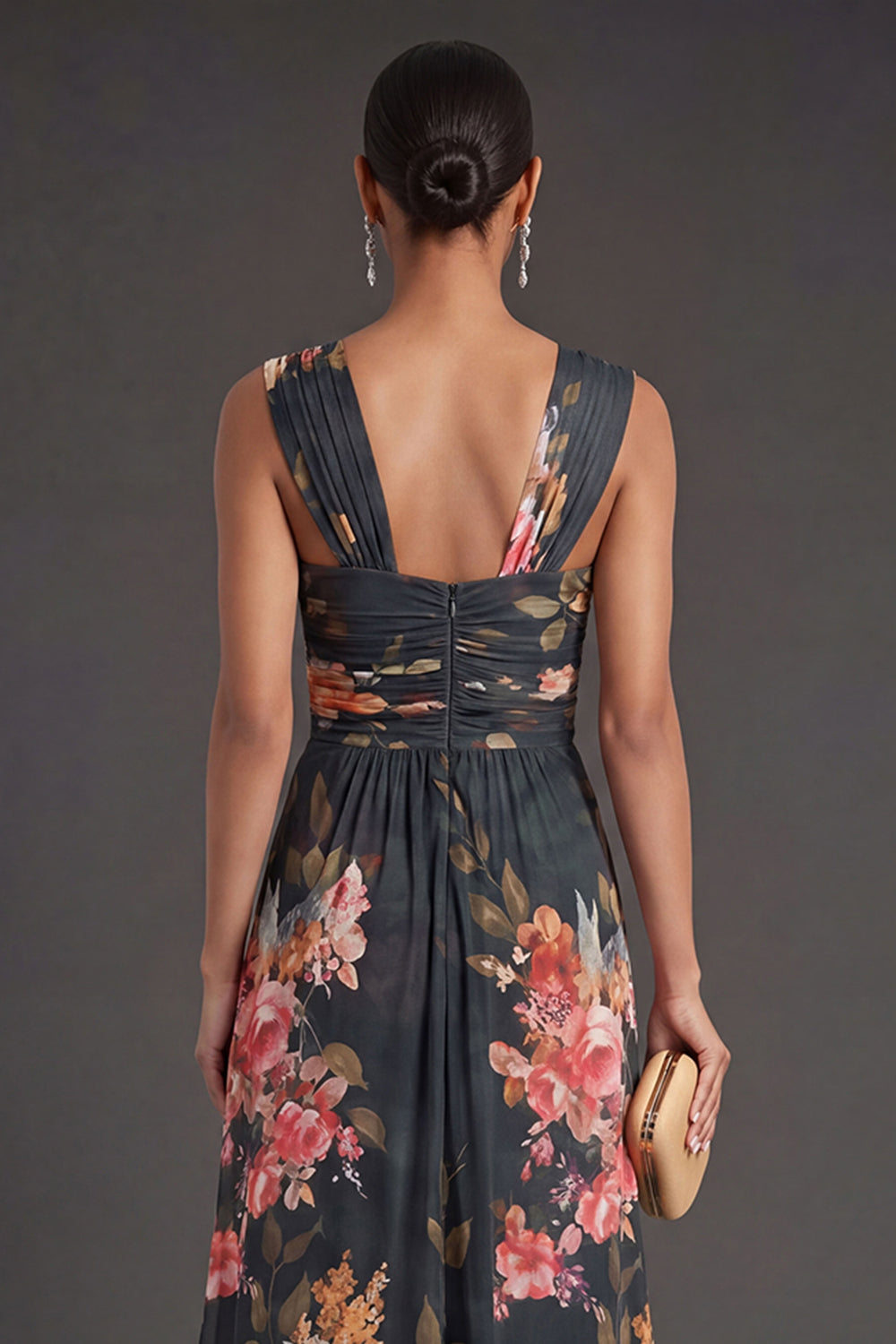 Black Floral Backless Thick Straps Long Formal Dress with Slit