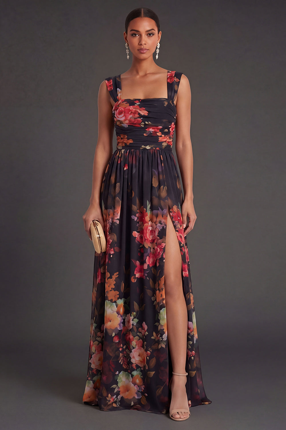 Leely Women Floral A Line Black Long Formal Dress with Slit Thick Straps Backless Sleeveless Wedding Guest Dress