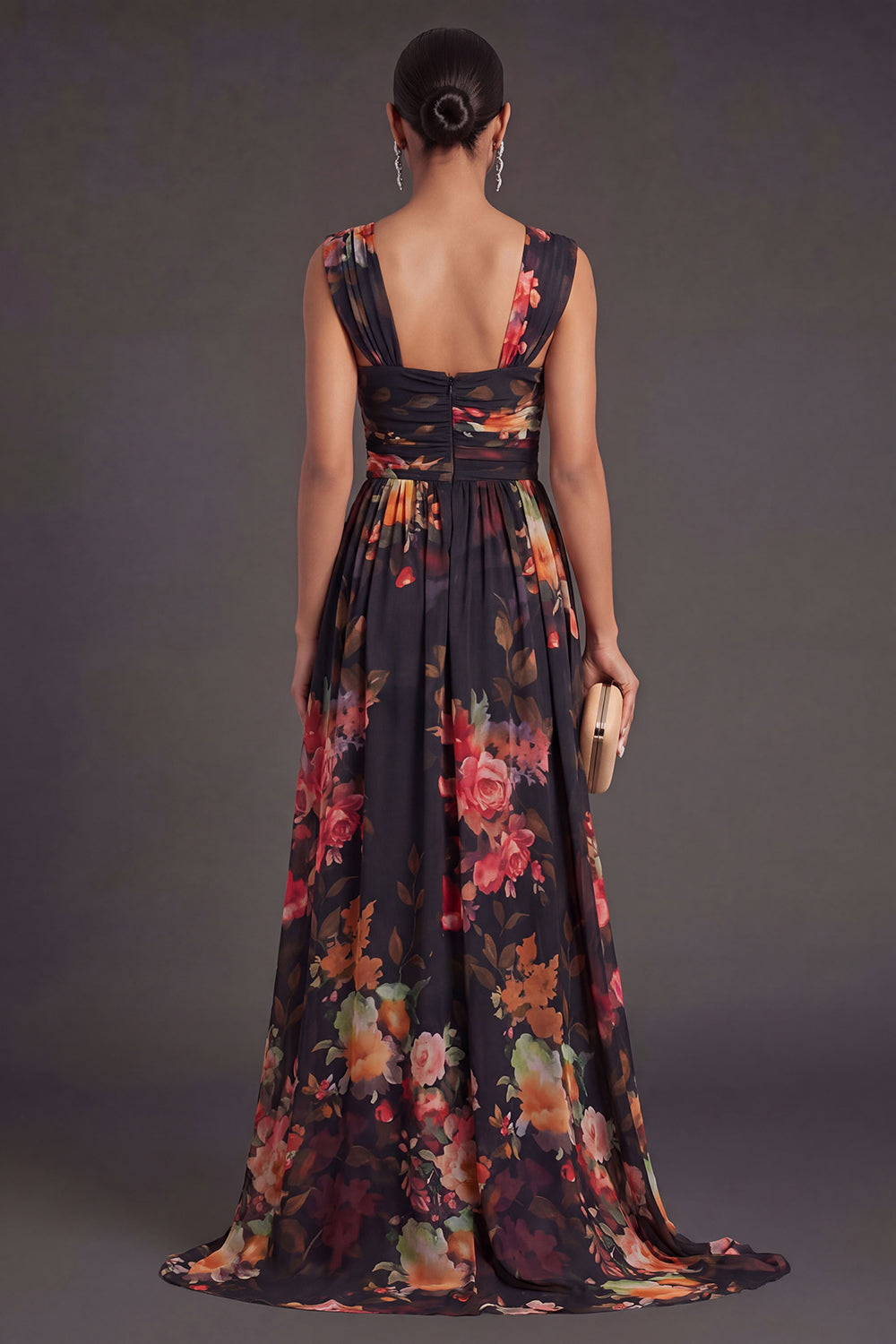 Floral A Line Black Long Formal Dress with Slit