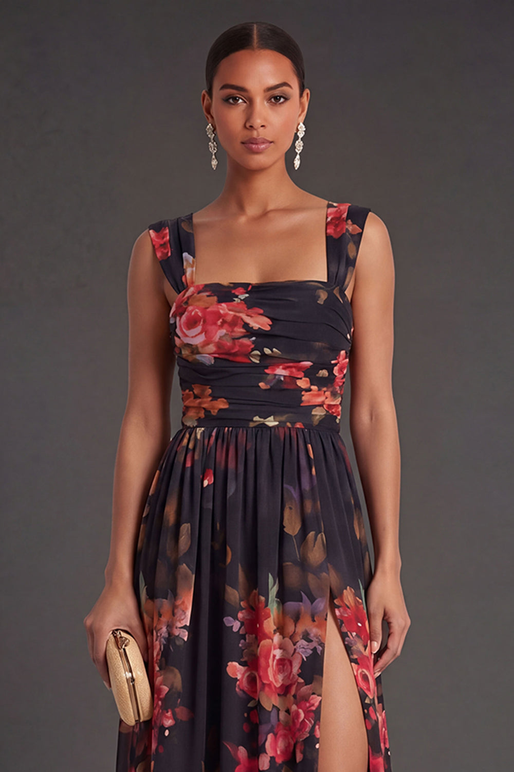 Floral A Line Black Long Formal Dress with Slit