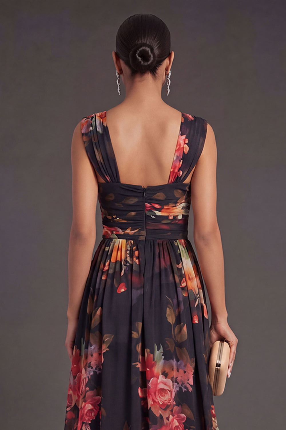 Floral A Line Black Long Formal Dress with Slit