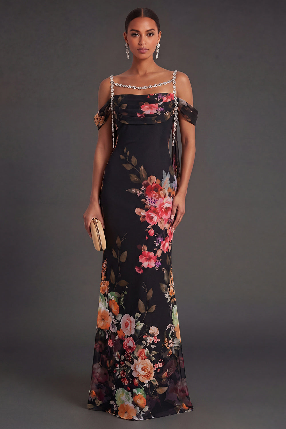 Black Floral Mermaid Cold Shoulder Long Formal Dress