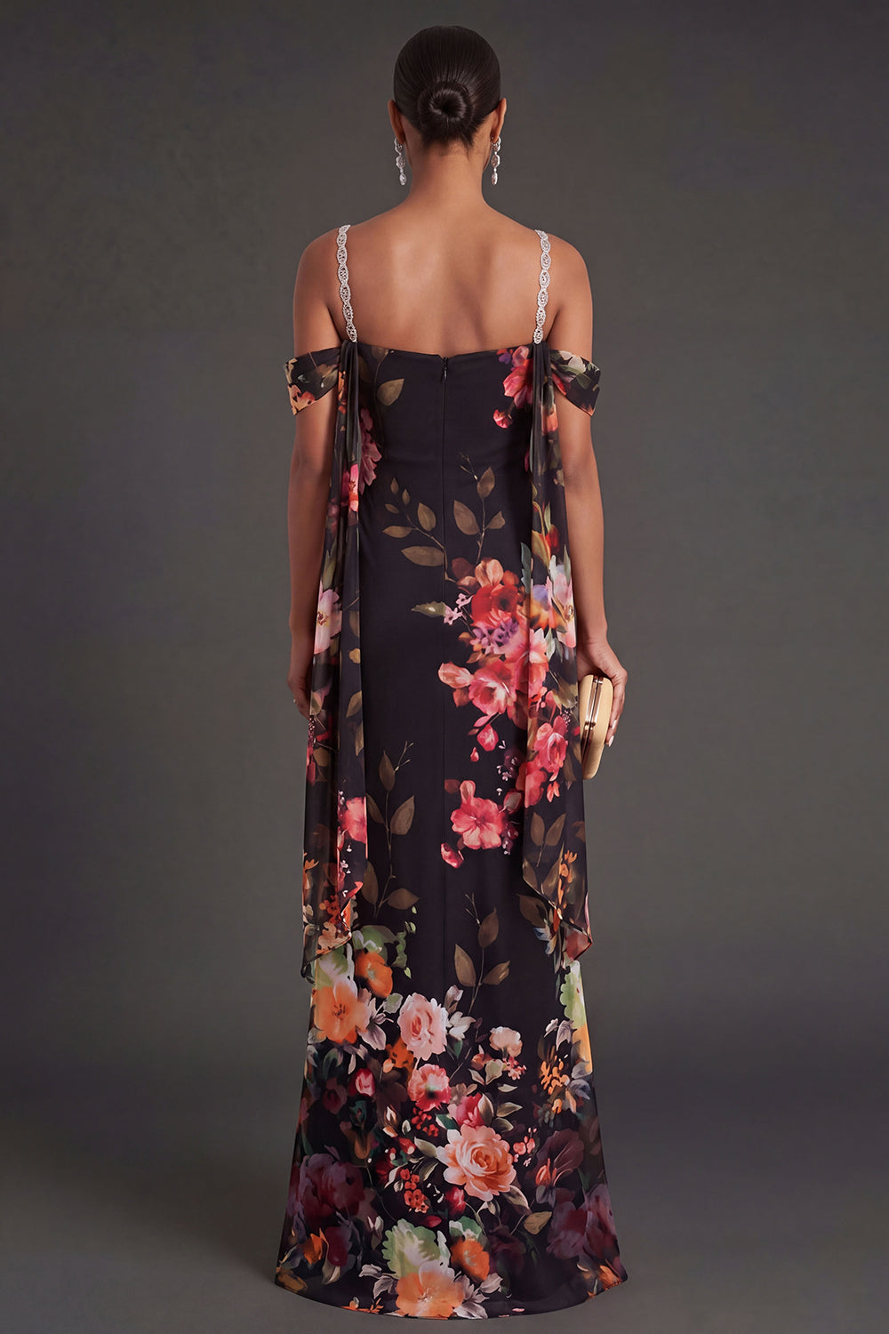 Black Floral Mermaid Cold Shoulder Long Formal Dress