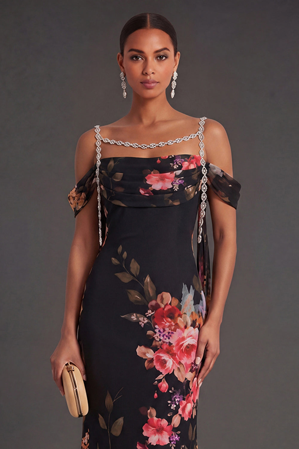 Black Floral Mermaid Cold Shoulder Long Formal Dress