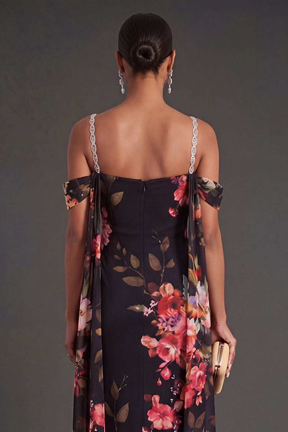 Black Floral Mermaid Cold Shoulder Long Formal Dress