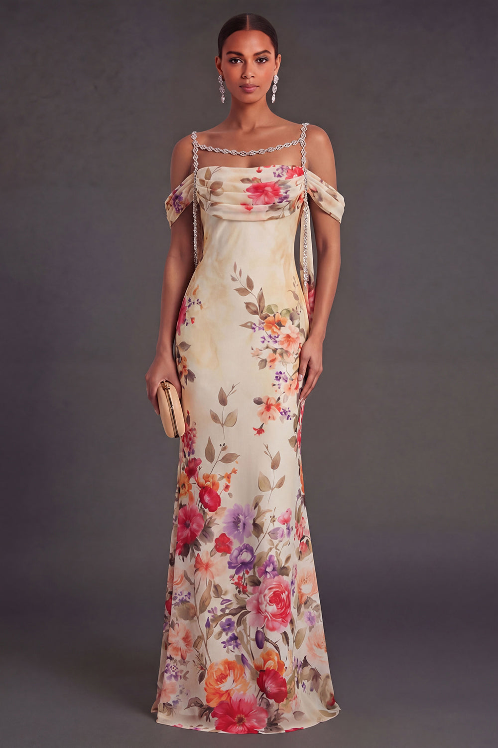 Black Floral Mermaid Cold Shoulder Long Formal Dress