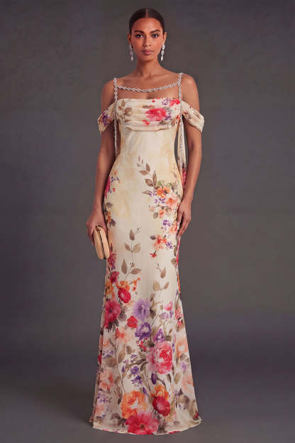Black Floral Mermaid Cold Shoulder Long Formal Dress