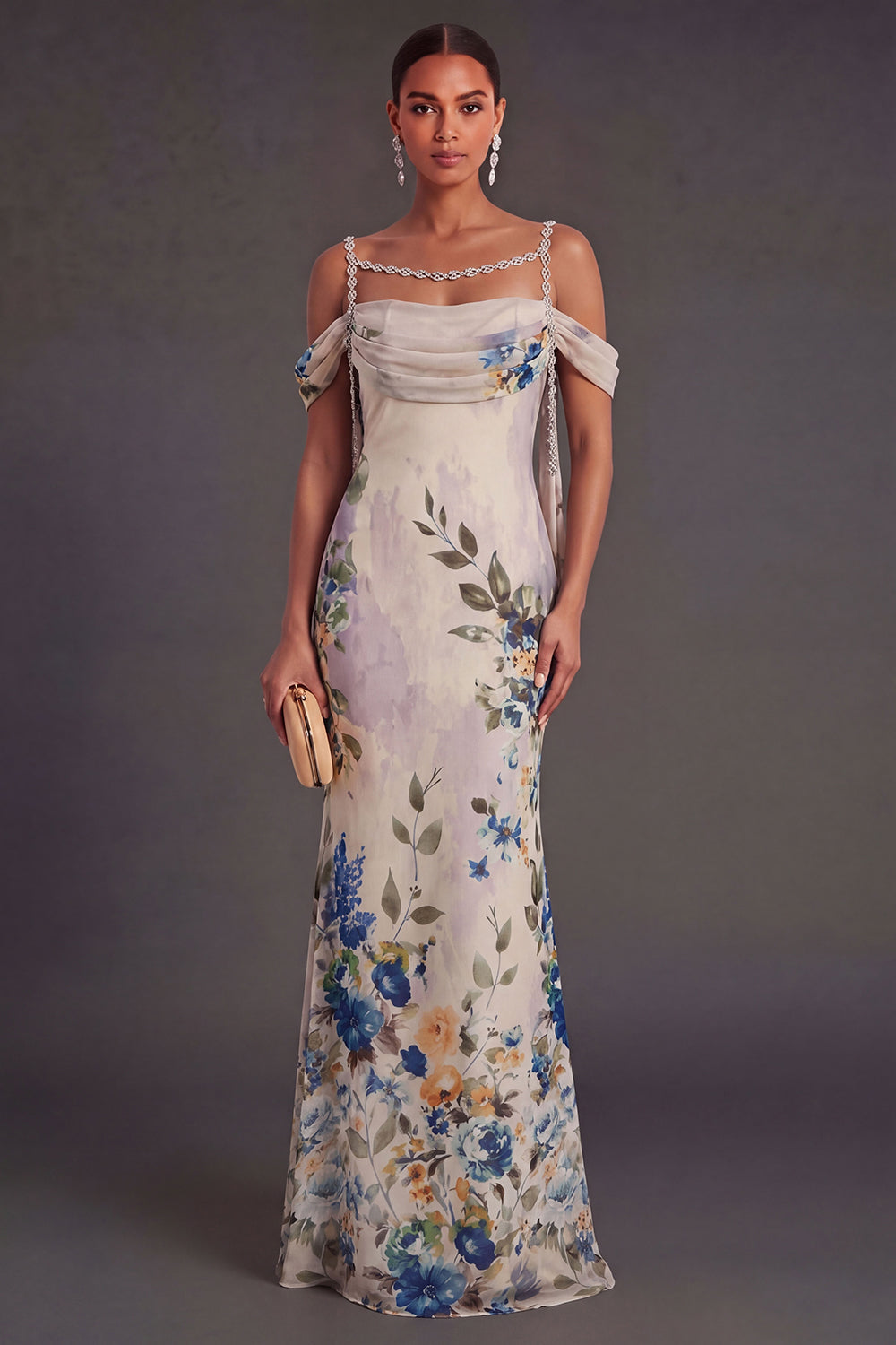 Leely Women Black Floral Mermaid Cold Shoulder Long Formal Dress Backless Sleeveless Garden Party Dress